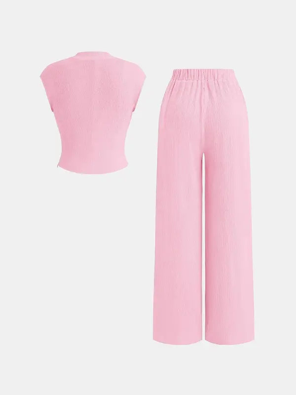 Two-piece Set YOZY Women's Solid Cap Sleeve Top & Drawstring Waist Pants, Casual Fashion Cozy Top & Trousers for Daily Outdoor Wear, Ladies Summer Clothes, Womenswear 4