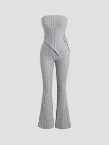 Women's Solid Asymmetrical Hem Tube Top & Flare Leg Pants Ribbed Set, Casual Fashion Cozy Two-piece Outfits for Daily Outdoor Wear, Ladies Clothes for Summer