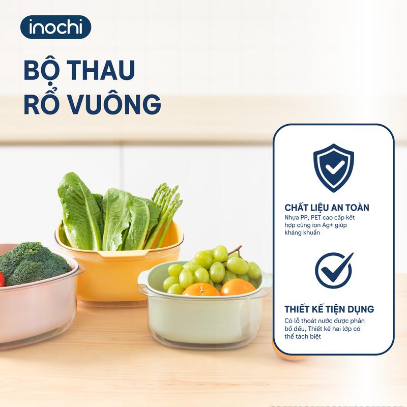 Bộ Thau Rổ Vuông Inochi Kitchen 23/27cm - Rửa Rau, Bảo Quản Thực Phẩm, Tiện Lợi, An Toàn, Kháng Khuẩn