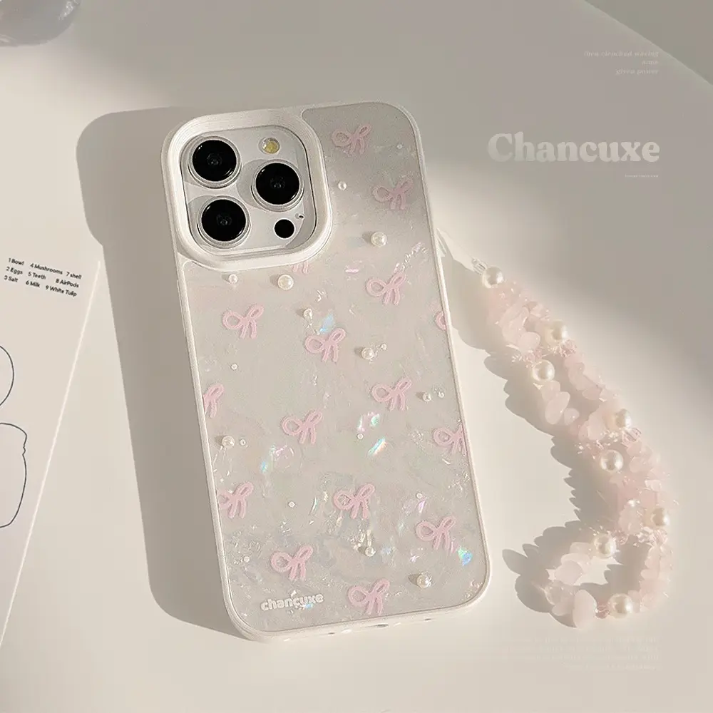 Three-Dimensional Pearl Pink Bow for Apple 16 Phone Case Iphone13 Bracelet 15promax Shell 12 Smartphone Cellphone