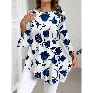 Kemeja-T Longgar, Corak Bunga Elegan, Biru Tulip dan Corak Daun, Labuh Asimetri