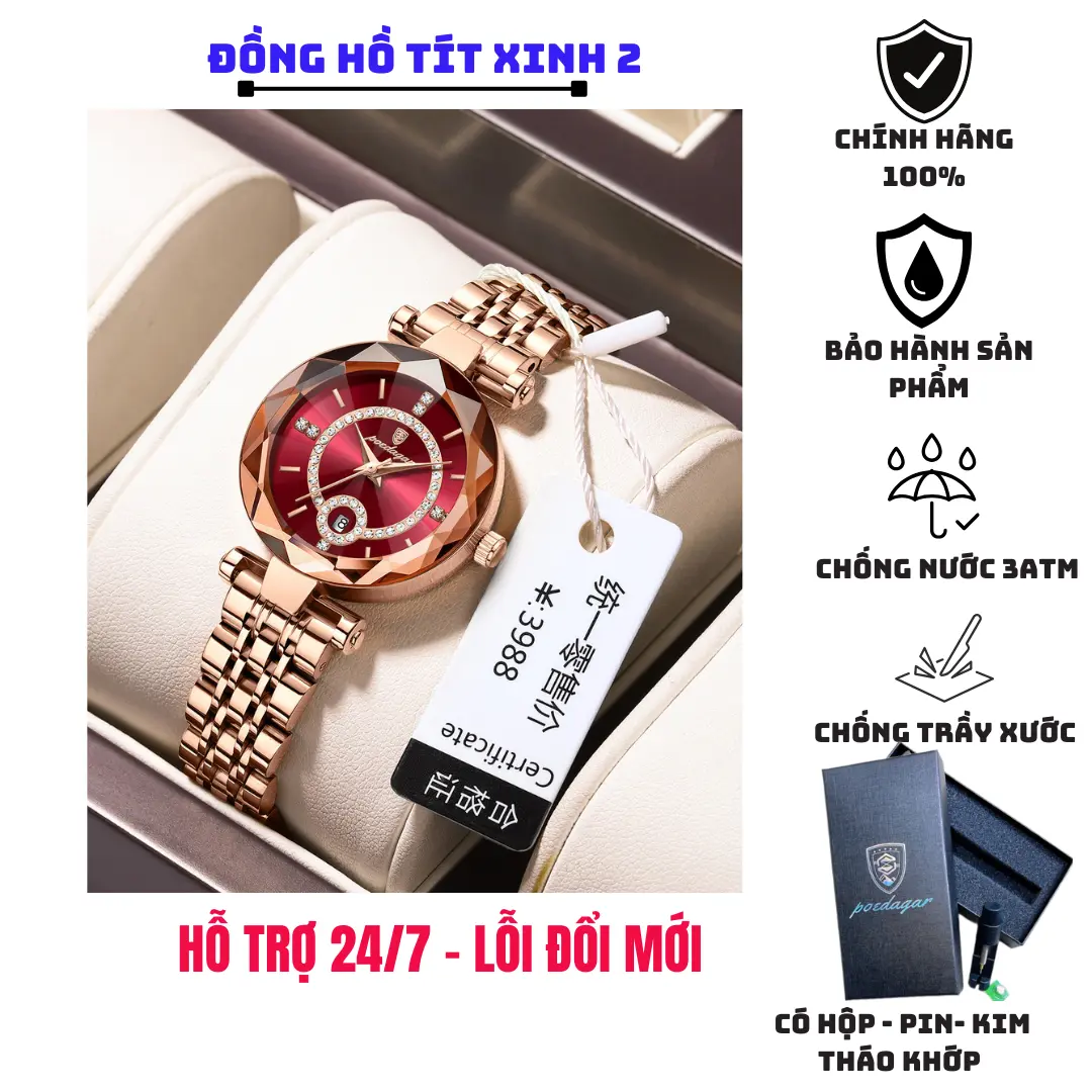 Đồng hồ nữ đẹp sang chảnh cao cấp chính hãng Poedagar, mặt lấp lánh kim cương thời trang xinh đẹp, chống nước, chống xước