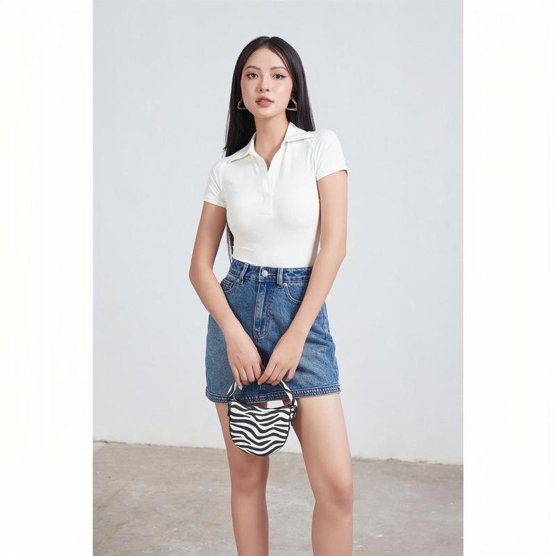 ÁO TĂM CỔ ĐỨC V MỞ THIẾT KẾ CO GIÃN CỘC TAY Nữ Women Top Tay Zaplang che bắp tay, dáng hack eo  Voi Voan Kem 3