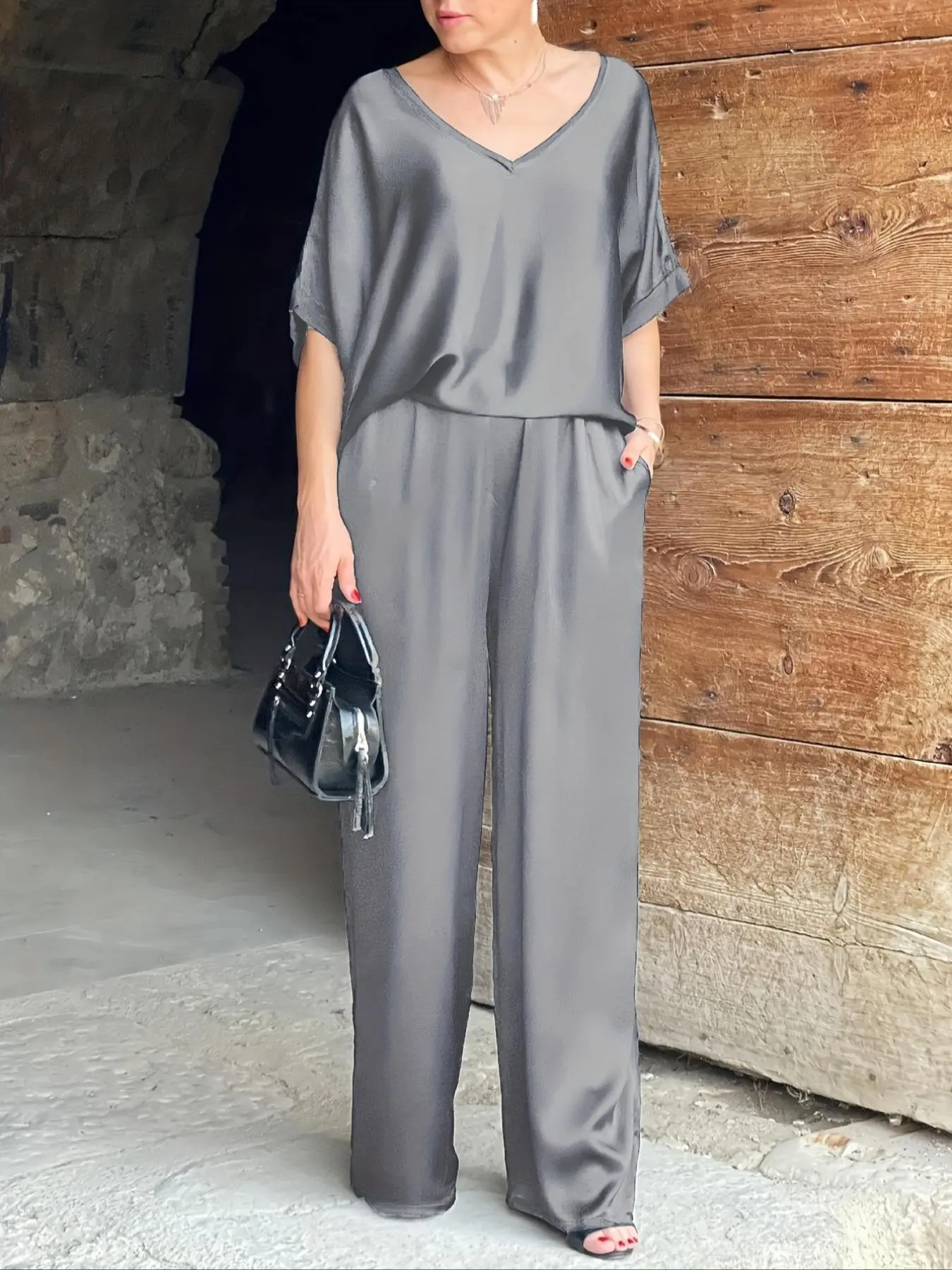 Two-piece Set Women's Solid Color V Neck Top & Wide Leg Pants Set, Casual Fashion Cozy Top & Trousers for Daily Outdoor Wear, Ladies Summer Clothes