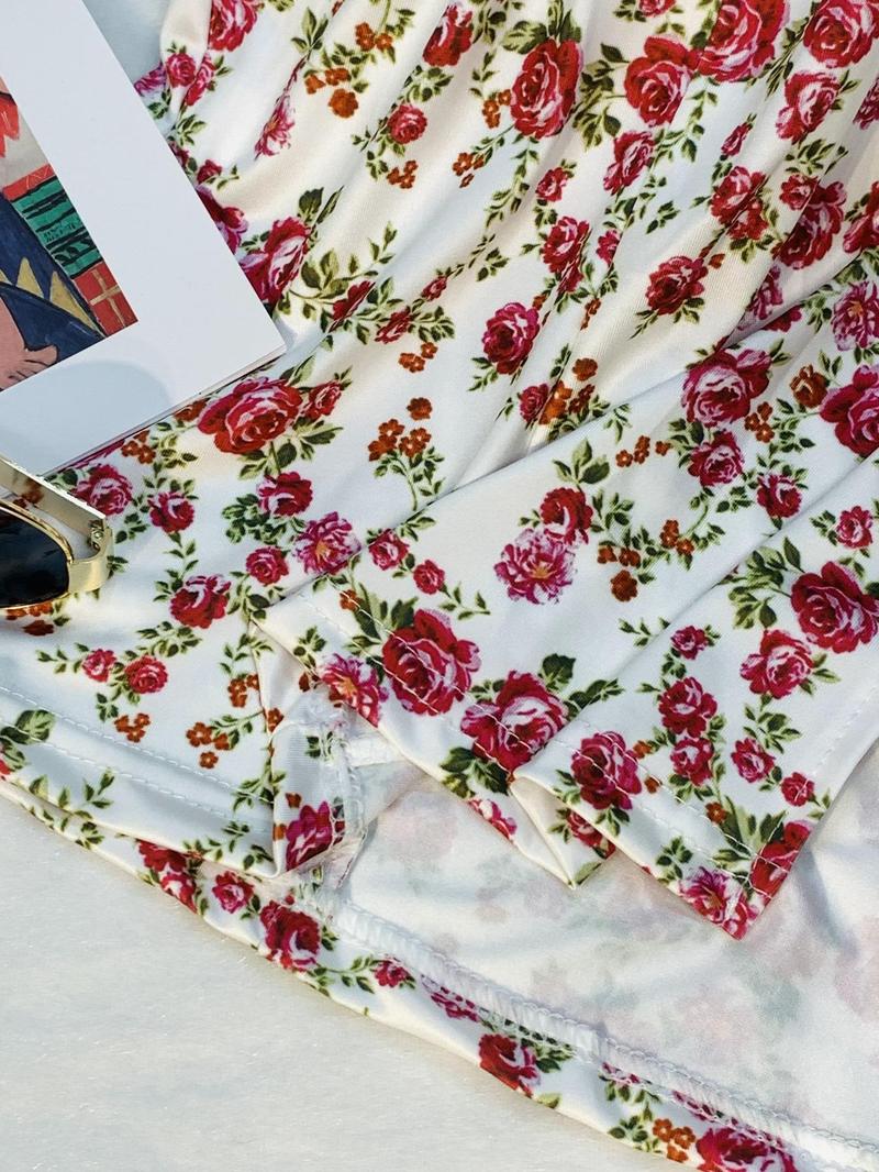 Product Introduction of Women's Ditsy Floral Print Contrast Lace Split Thigh Cami Dress, Boho Adjustable Spaghetti Strap Midi Dress for Beach Holiday Vacation, Ladies Summer Clothes 17