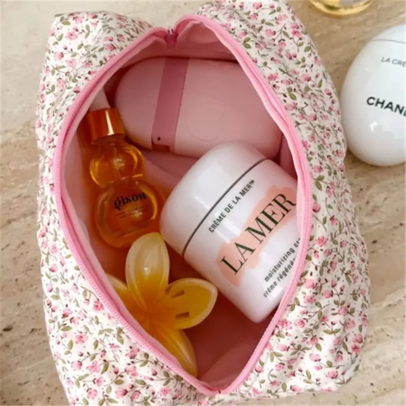 Pink Floral Makeup Bag Travel Skincare Storage Zipper Bag Carrying Case Soft Bag Heart Bag Ruffles