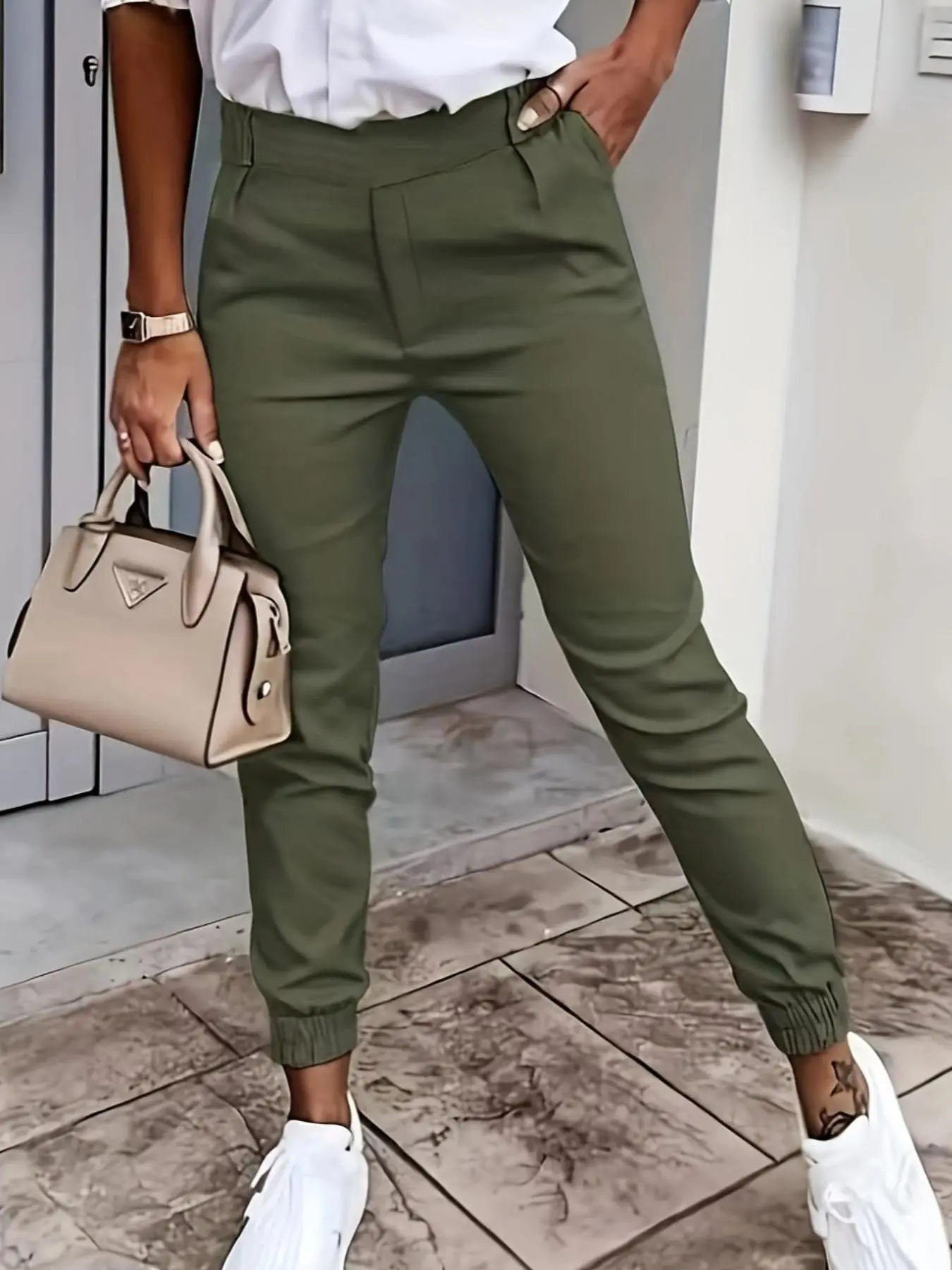 Women's Solid Elastic Waist Pants, Elegant Casual Pocket Design Trousers for Daily Outdoor Wear, Women's Bottoms for All Seasons, Womenswear