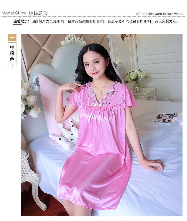 Product Introduction of Đồ Ngủ Nữ Mùa Hè, Ngoại Cỡ, Vải Lụa Lạnh Váy Ngủ, Thích Hợp Cho Cô Gái Đầy Đặn, Gợi Cảm Và Rộng Rãi, Váy Ngủ Ngắn Tay, Áo Mặc Bên Ngoài Tích Hợp, Đồ Mặc Nhà 18