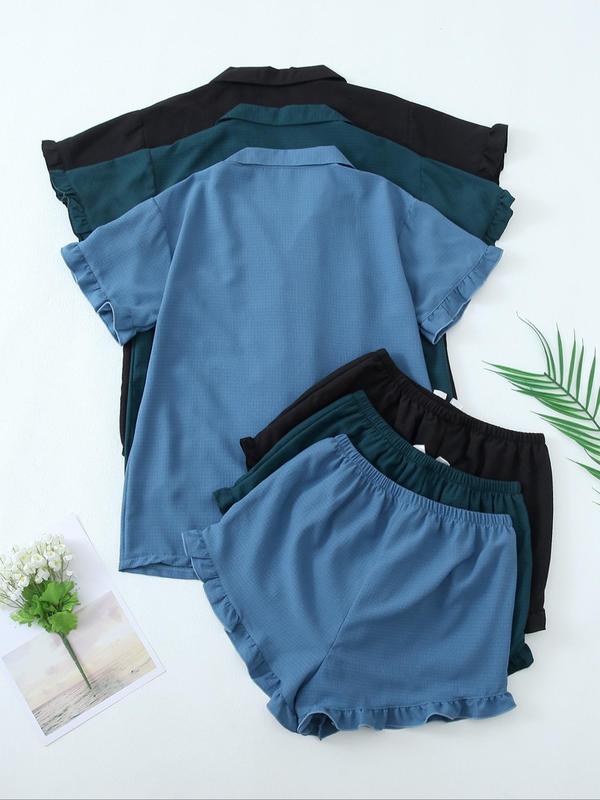 6 Pieces Women's Plain Ruffle Trim Button Front Lapel Shirt & Bow Decor Elastic Waist Shorts Pyjama Set, Casual Soft Comfortable Short Sleeve Top & Shorts Loungewear Set, Comfy Sleepwear Set for Women 1