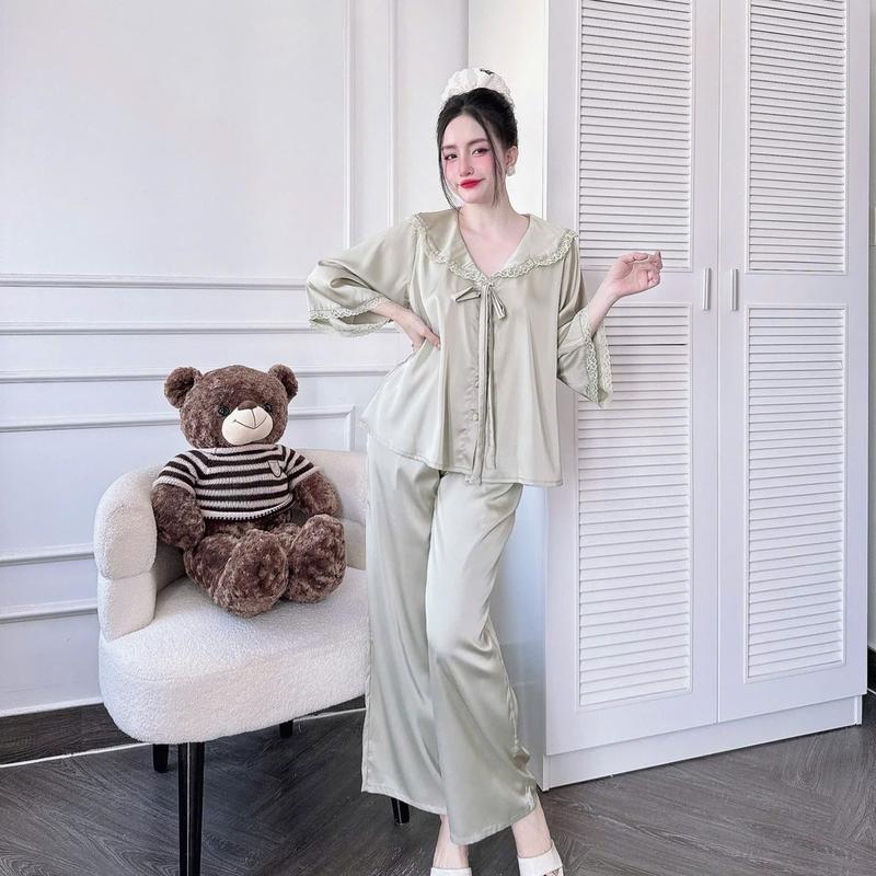 From RỘNG (45-70kg) Bộ Quần Áo Tiểu Thư Quần Dài, Áo Nơ Tay Lững Phối Ren Nữ Women 5