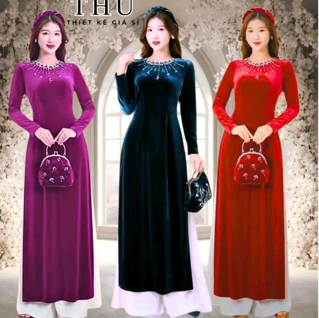 Áo dài nhung đính kết sang trọng ( không kèm quần) a odai dạ hoiaodai aodai Nữ