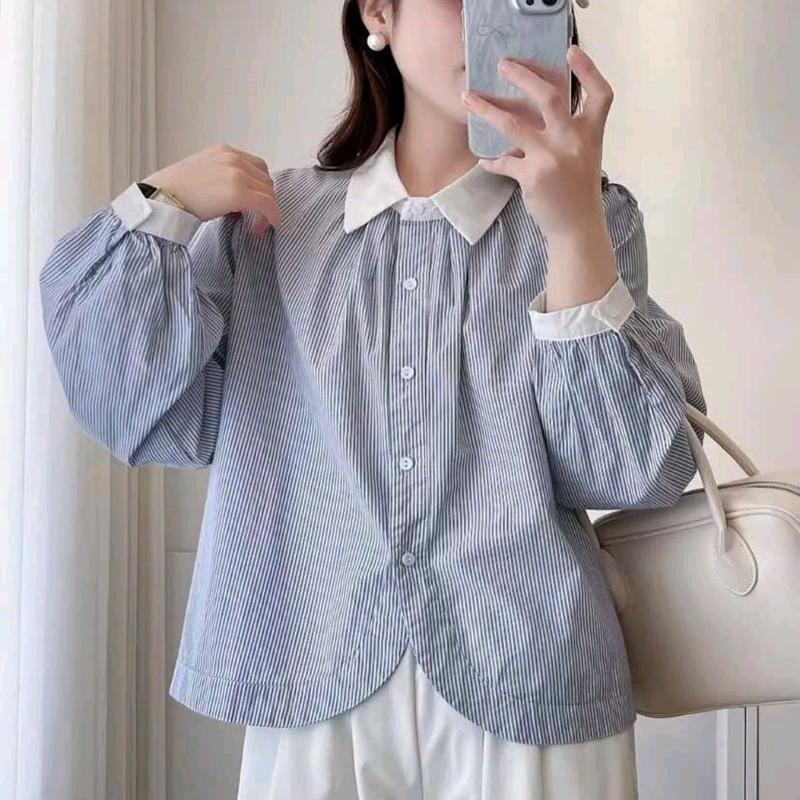 Áo sơ mi kẻ sọc đuôi áo bo cong cổ bẻ trẻ trung phong cách Hàn Quốc cho nữ - Women thanh lịch nút đồ trang trí ba chiều ren acubi outfit giặt bằng nước lạnh đáng yêu nền tảng đính đá tay bèo 【 đế đen   cái nơ