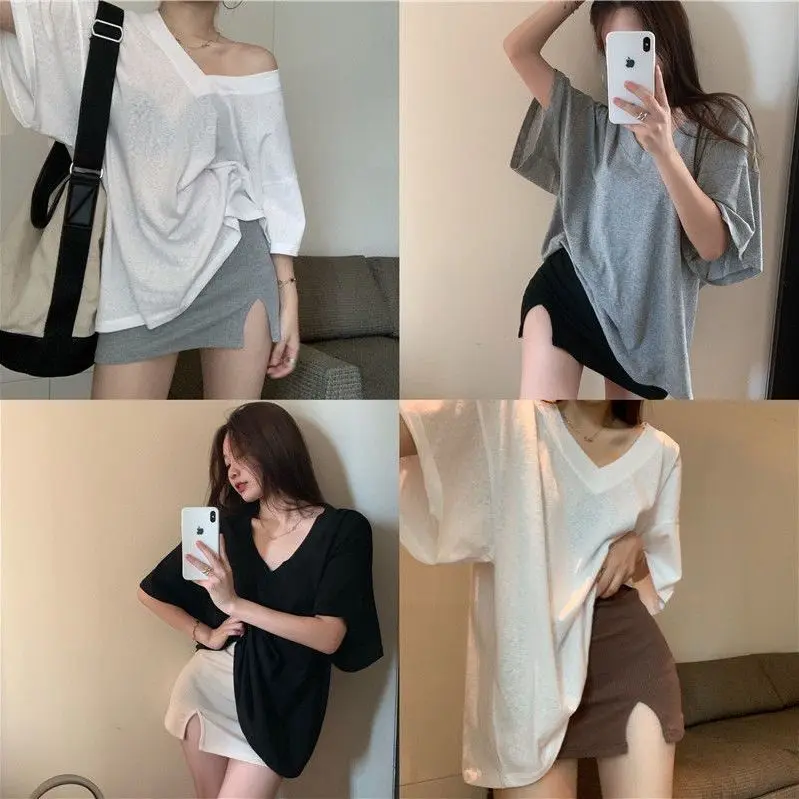 Large size-150.00kg Large Size Women's Clothing  V-neck Short-Sleeved T-shirt for Plump Girls Summer Hong Kong Style Retro Lazy Style Loose Top