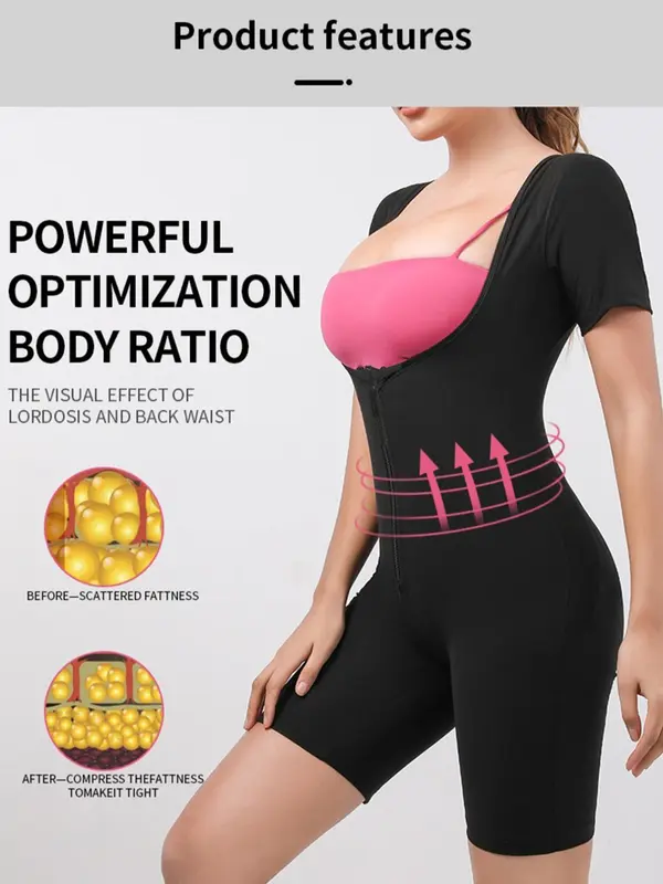 Women's Plain Zip Front Sports Shapewear Romper, 2024 Fashionable Summer New Sporty Tight-fit Tummy Control Short Sleeve Shapewear Jumpsuit, Ladies Sauna Clothes for Workout Gym Exercise Fitness, Womenswear, Tummy Control 5