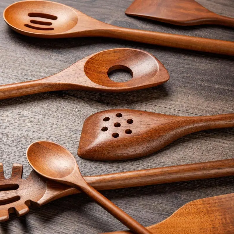 Wooden Cooking Utensils Set, 8 Counts/set Including Spatula & Spoon & Tongs & Salad Spoon, Kitchen Utensils Set for Cooking 4
