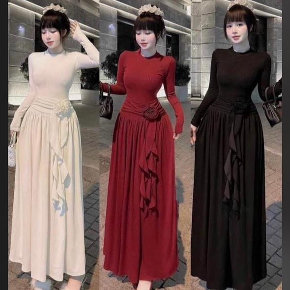 Đầm nữ cổ tròn tay dài hoa hồng , thiết kế tùng dài tiểu thư , phù hợp đi tiệc, đi chơi , chất thun gân tăm lạnh QC co giãn dày dặn - D06 Dress Women