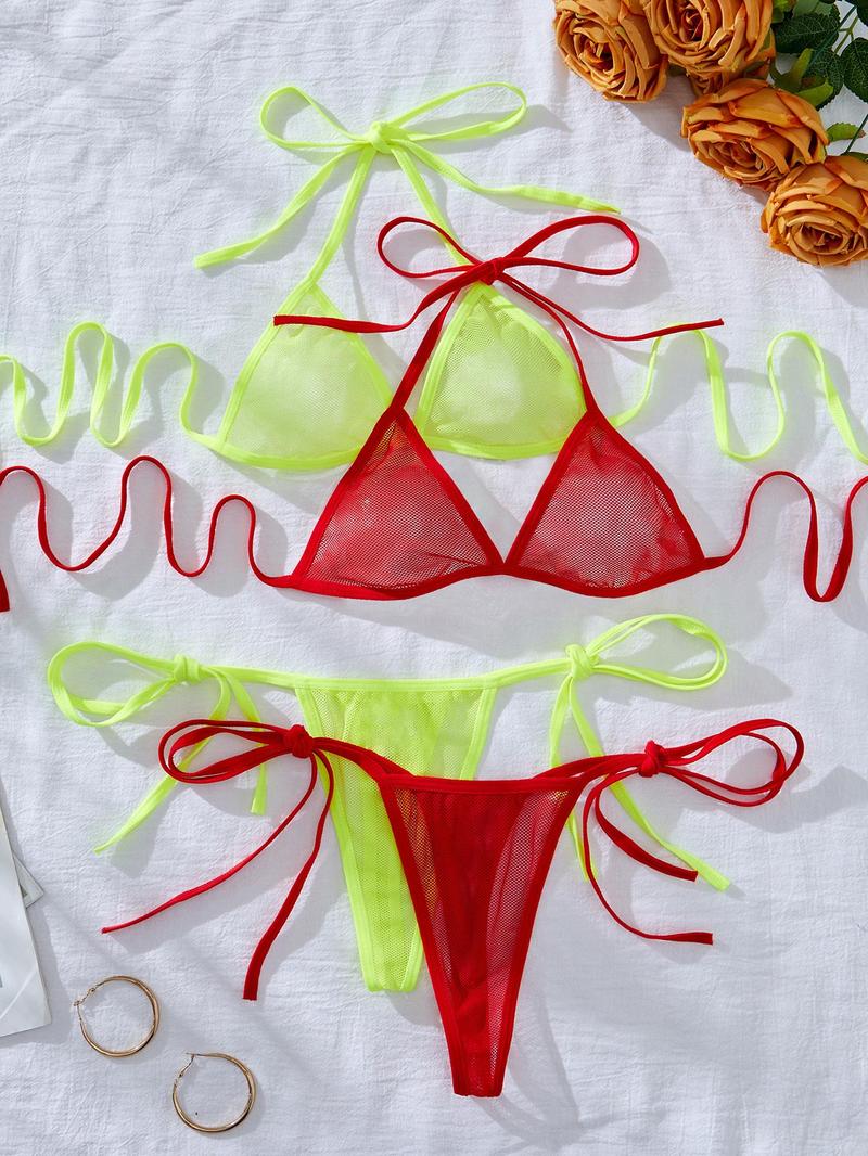 Product Introduction of Women's Solid Color Sheer Mesh Teddy Lingerie Set, Sexy Fashion Chic Tie Back  Bra & Tie Side Thong Set, Ladies Underwear for All Seasons 7
