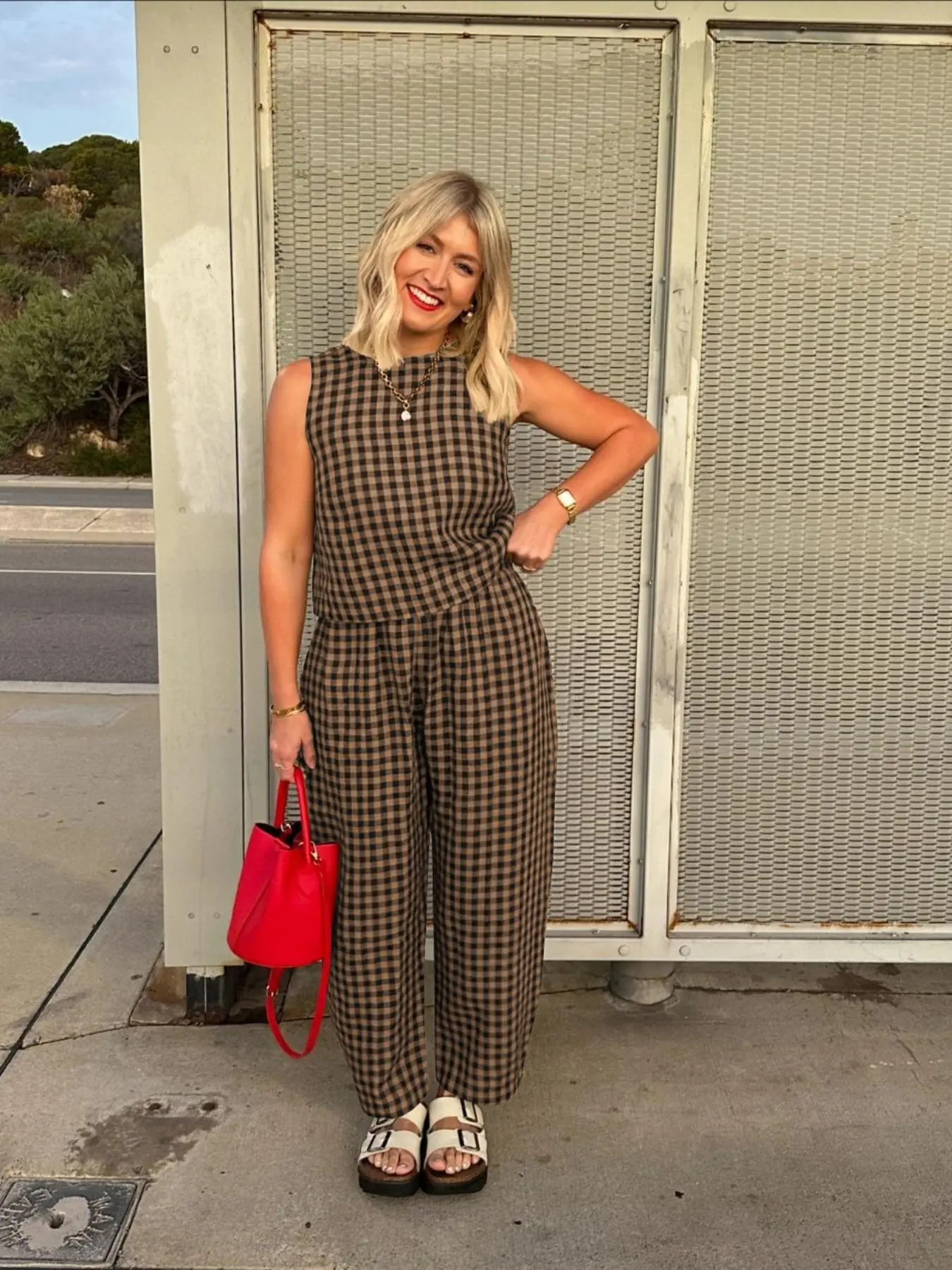 Two-piece Set Women's Gingham Print Tank Top & Wide Leg Pants, Casual Fashion Cozy Outfits for Daily Outdoor Wear, Women Clothes for Spring Fall