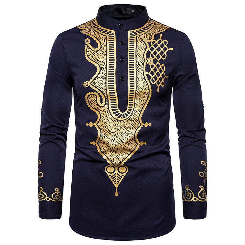 Product Introduction of Discount Fashion Men's Casual Fashion Bronzing Pullover Shirt Totem Long Shirt Muslim Straight Shirt 2