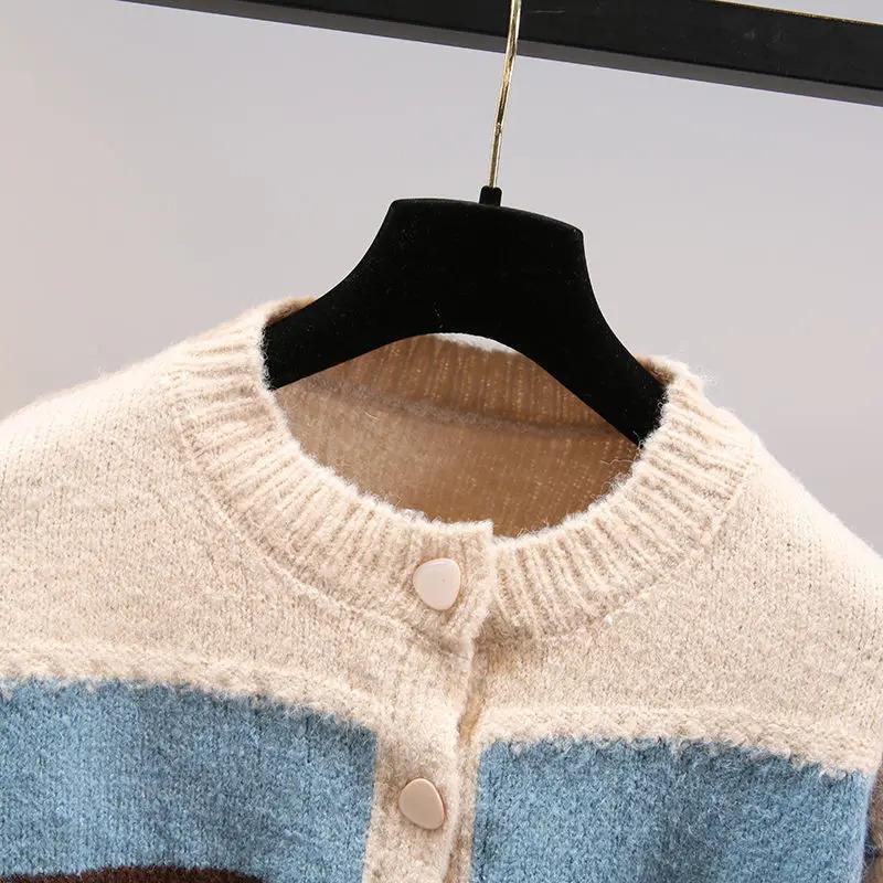 Product Introduction of Multicolor striped lantern sleeve knit loose single breasted women's cardigan sweater coat for women clothing Autumn Winter Knitwear Womenswear 8