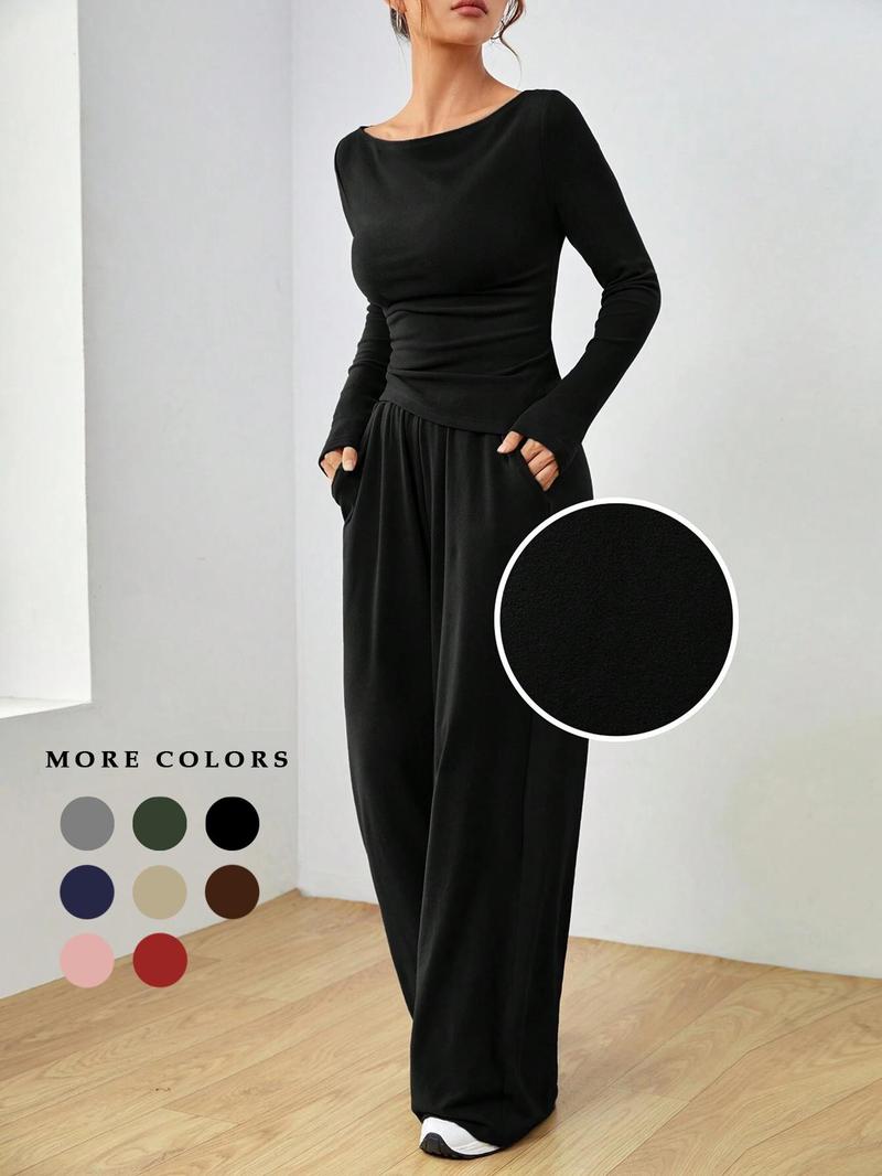 Product Introduction of Women's Solid Ruched Asymmetrical Hem Tee & Pants Set, Casual Boat Neck Long Sleeve Top & Trousers, Women's Spring & Fall Clothes 4