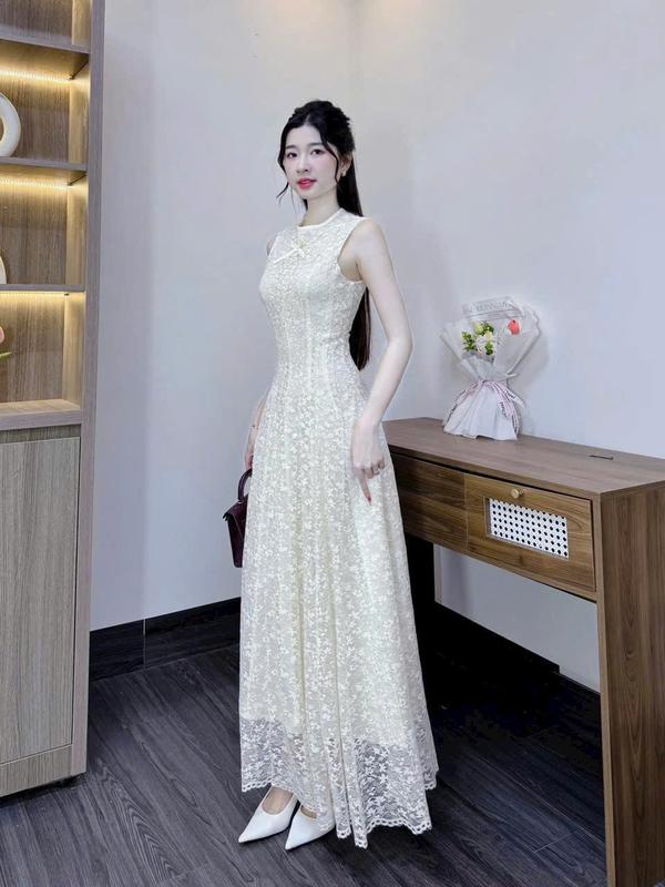 váy đầm ren dạ hội dáng dài cổ tròn tay ngắn dáng dài chát ren siêu đẹp dành cho nữ 3