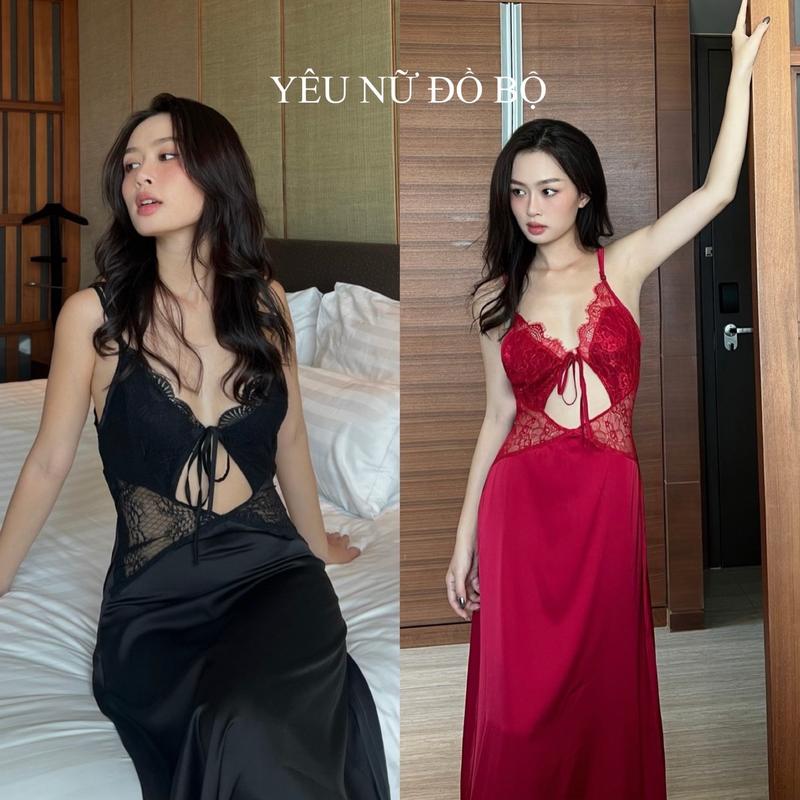  Đầm ngủ hai dây lụa dáng dài khoét tinh tế phối ren mềm mại có mút 45-60kg - Váy Ngủ Dress Women Nữ Đen - Voi Tim 