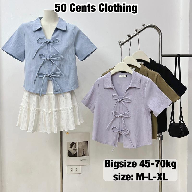 Áo Kiểu Nữ Buộc Dây Nơ Cộc Tay Cổ Sơ Mi Dáng Ngắn Có Bigsize 45-70kg Phong Cách Ulzzang (50 Cents Clothing) #228