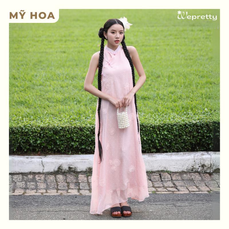 MỸ HOA - AH14 Váy sườn xám suông dài in hoa phối cúc vải Wepretty Clothes BST Mộng Kỳ Tết 2025