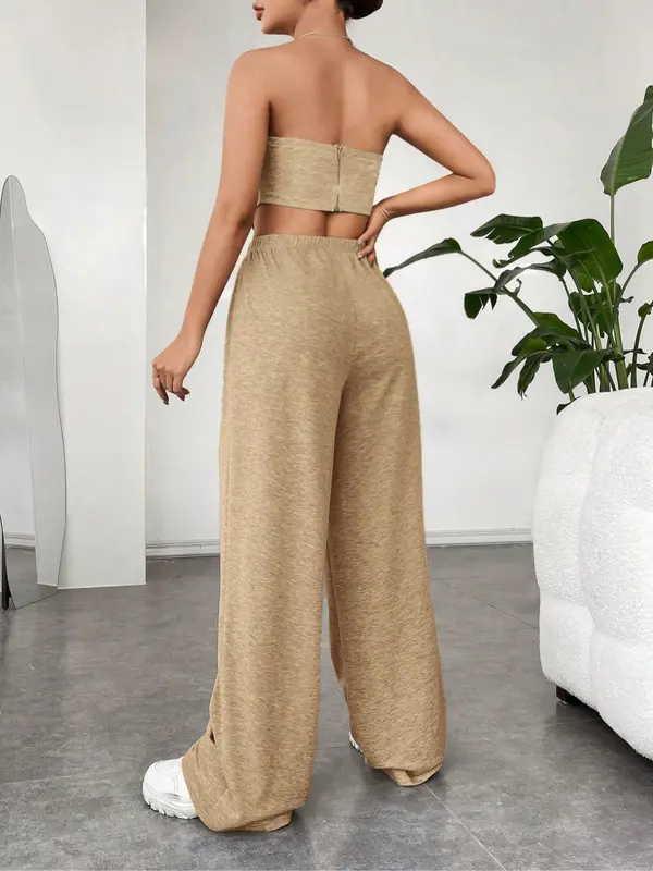 Women's Solid Crop Tube Top &  High Waist Elastic Waist Wide Leg Pants Set without Necklace, Summer Clothes Women, Mean Girls Basic Comfort Cropped Top & Trousers 4