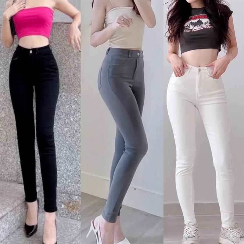 Quần jean thun dáng ôm co dãn nữ cạp cao Đen Denim Pants