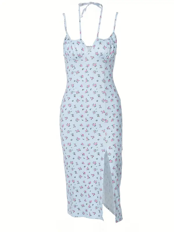Floral split leg cami dress, sundress floor-length dress, wedding guest dress, wedding dress, wedding dress, sundress 2025 summer dress for women comfort   Womenswear Piece Bohemian Fitted Yellow 5