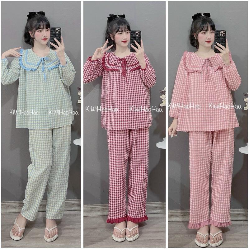 Bộ Bầu Dài Caro Chất Đũi Hàn Cao Cấp Mềm Mịn , Mặc Cả Sau Sinh Áo Có Khóa Tu Ti Đầm Bầu 0