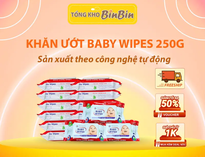 [Freeship] COMBO 15 GÓI Khăn ướt Baby Wipes 250g Cho Bé Không Mùi Không Cồn Không Kích Ứng Da khăn  ướt Voi 0