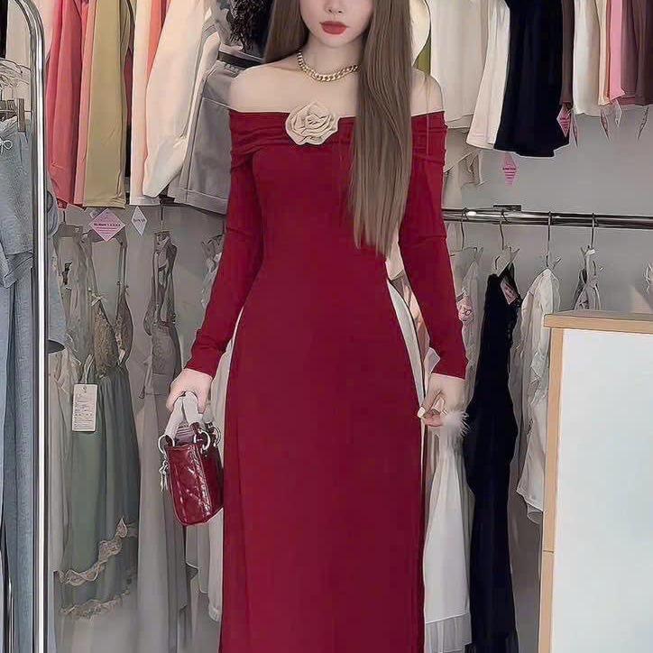 Bộ Áo Dài Cách Tân Đính Hoa, Áo Dài Đỏ, Áo Dài Hồng Tết Thun basic QC dày dặn Women Nữ Dress 4