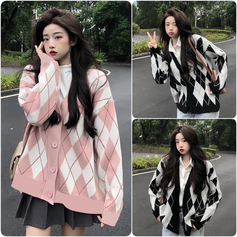 Áo Khoác Cardigan Nỉ Caro Trám 2 Màu Đen Hồng