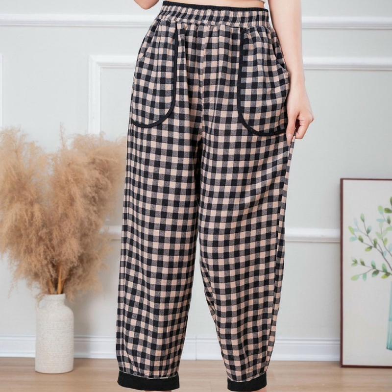 Quần Baggy Bom Lỡ Chất Linen Kẻ Caro Beyo Cạp Chun Hai túi Giao Sây phong cách phía trước Ly Chân T050 Nữ Women Pants Bo Chun