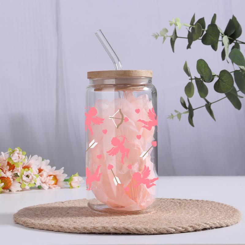 Product Introduction of Heart & Cupid Pattern Glass Cup with Straw & Lid, 1 Count 16oz Heat Resistant Drinking Cup, Creative Drinkware for Home Office Use 5