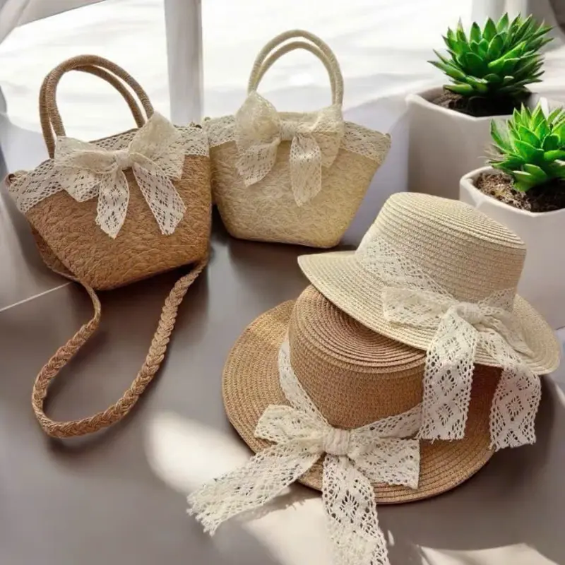 Combo Túi cói nhỏ đeo chéo nơ ren + mũ vành nhỏ nơ ren 1