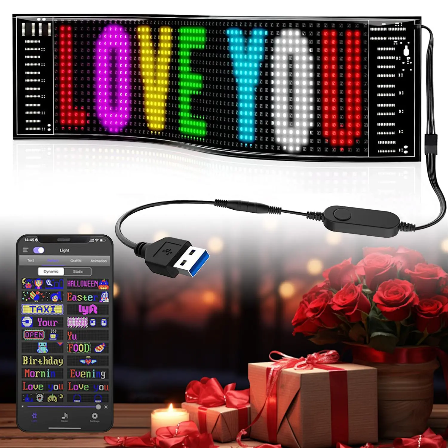 LED RGB Matrix Pixel Screen, 1 Count Scrolling Bright Advertising LED Sign, Flexible USB Powered 5V Bluetooth-compatible LED Car Sign with APP Control, Car Accessories, Gifts For Boyfriend