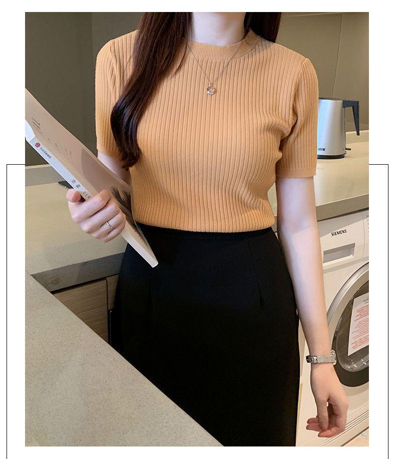 Product Introduction of Áo Dệt Kim, Dáng Ôm, Áo ngắn Tay, Áo Chui Đầu Nữ, Có Thể Mặc Bên Trong, Ngắn, Hàng Mới Về Mùa Hè 2024, Áo Sơ Mi Lớp Nền Cổ Tròn 15