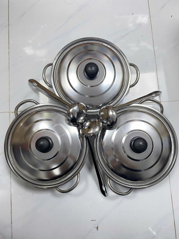 Combo 3 nồi lẩu inox 24cm nắp inox, tặng kèm 3 muôi vá múc lẩu inox chảo  lẩu