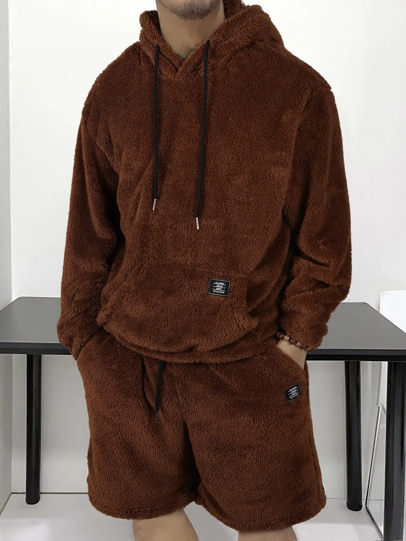 Two-Piece Set Men's Solid Color Patched Pocket Hoodie & Drawstring Waist Shorts, Regular Fit Casual Long Sleeve Hooded Sweatshirt & Track Shorts, Men's Two-piece Outfits for All Seasons, Summer Outfits