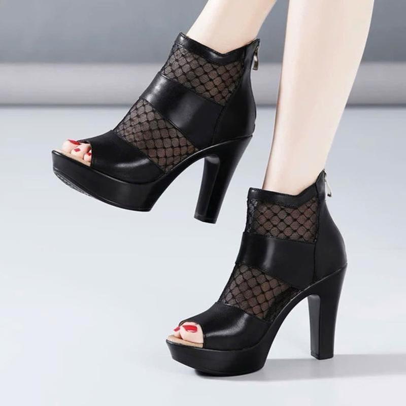  Giày Bốt Cao Gót Quai Da Phối Lưới 10p VV - Nữ - Shoes gx1 Boot KK 