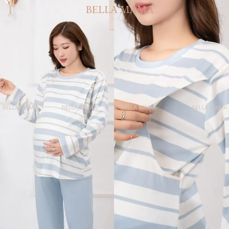 Bộ Bầu Mặc Nhà Cotton Đồ Bầu Sau Sinh Mở 2 Bên Cho Con Bú Và Quần Chun Chỉnh Bụng, Dài Tay Bella Mama - BN11 4