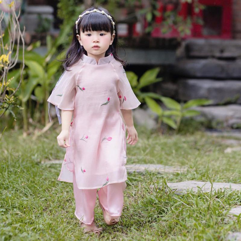 Áo dài tơ thêu 4 màu sắc nét + bờm ngọc (11-30kg) 3
