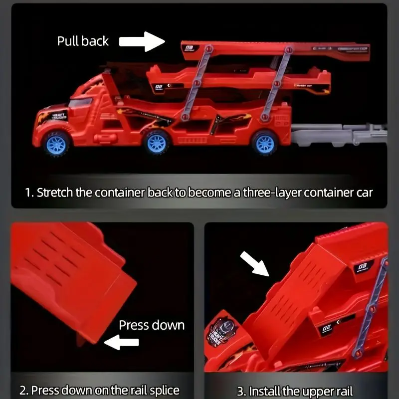 Transformer Ejection Truck Toy Set, 1 Set Foldable Transport Truck Toy Including 6 Counts Small Car Toy, Model Toy for Boys & Girls 3