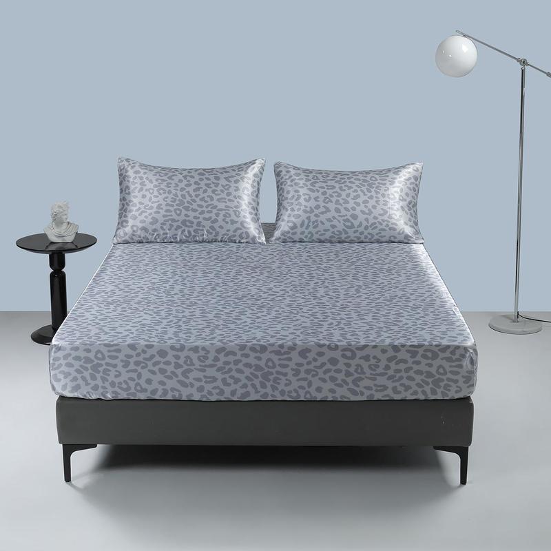 Satin Leopard Print Bedding Set, 3 Counts Including 1 Count Soft Comfortable Fitted Sheet & 2 Counts Pillowcase without Filler, Bed Linens, Room Accessories Bedding Supplies for Home Hotel, Bedroom Decor, Gift for Summer 2