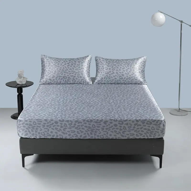 Satin Leopard Print Bedding Set, 3 Counts Including 1 Count Soft Comfortable Fitted Sheet & 2 Counts Pillowcase without Filler, Bed Linens, Room Accessories Bedding Supplies for Home Hotel, Bedroom Decor, Gift for Summer 2