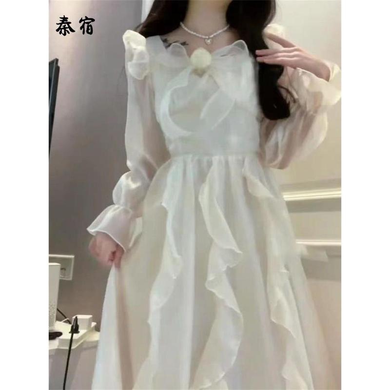 Váy Fufu Sữa, Qin Su, Phong Cách Công Chúa INS, Nơ Ngọt Ngào, Eo Thanh Lịch, Bó Sát, Phồng, Váy Dài Tay, Thời Trang, Dễ Phối Đồ Thanh Lịch 3